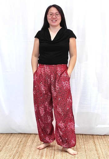 Pantalon ethnique femme fleuri rouge