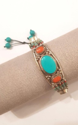 Bracelet lien coulissant ovale corail et turquoise