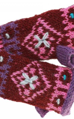 Mitaines en laine en crochet motif fleur violet