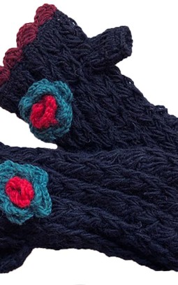 Mitaines en laine crochet noir fleur