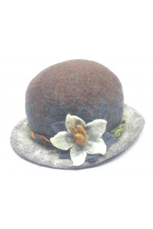 Chapeau laine gris avec fleur
