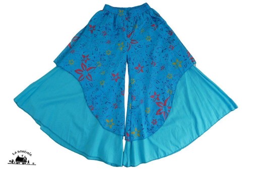 Pantalon à larges pans bleu turquoise à fleurs