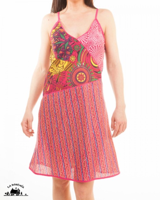 Robe ethnique coton rose fines bretelles