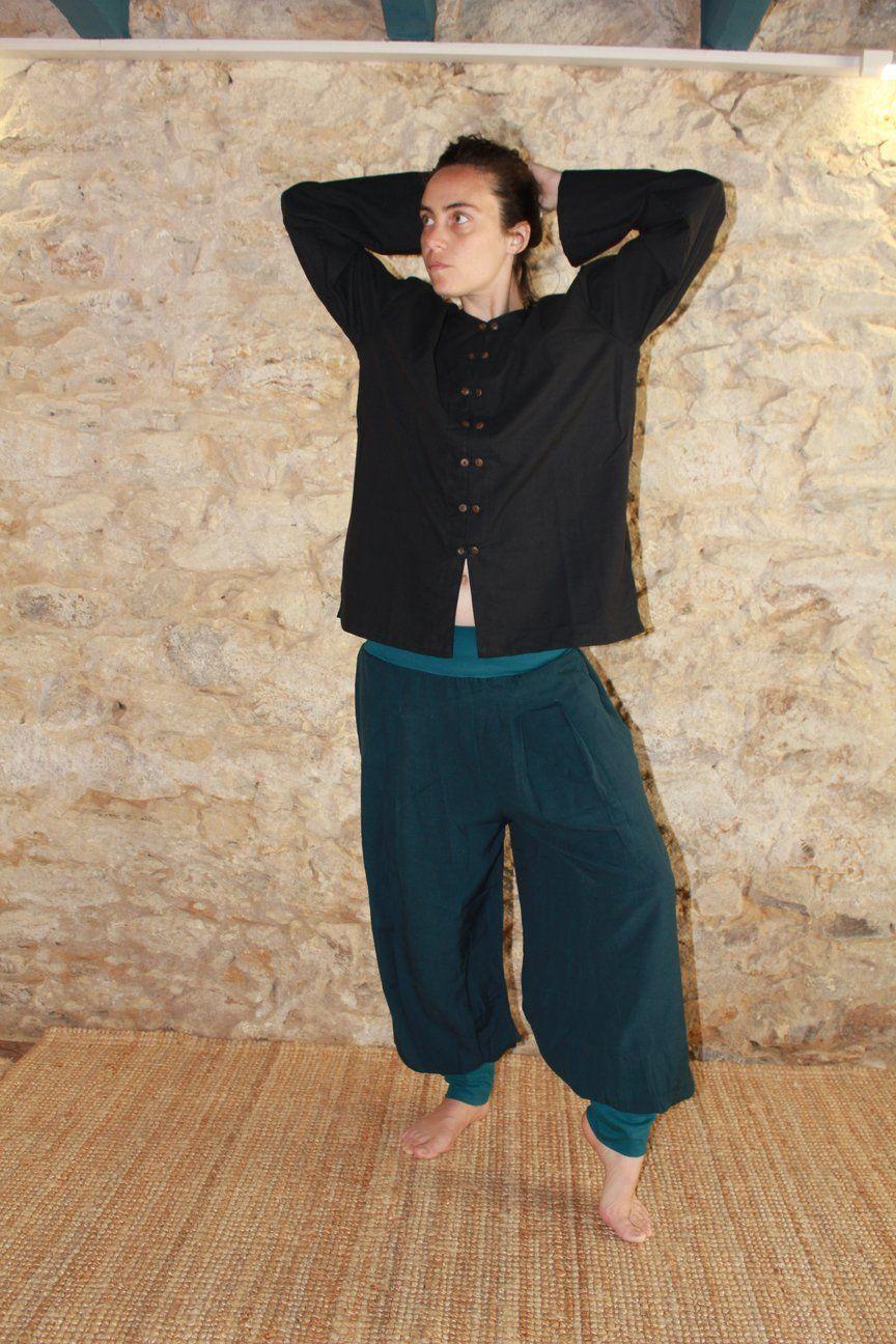 Pantalon coton bleu pétrole serré aux chevilles