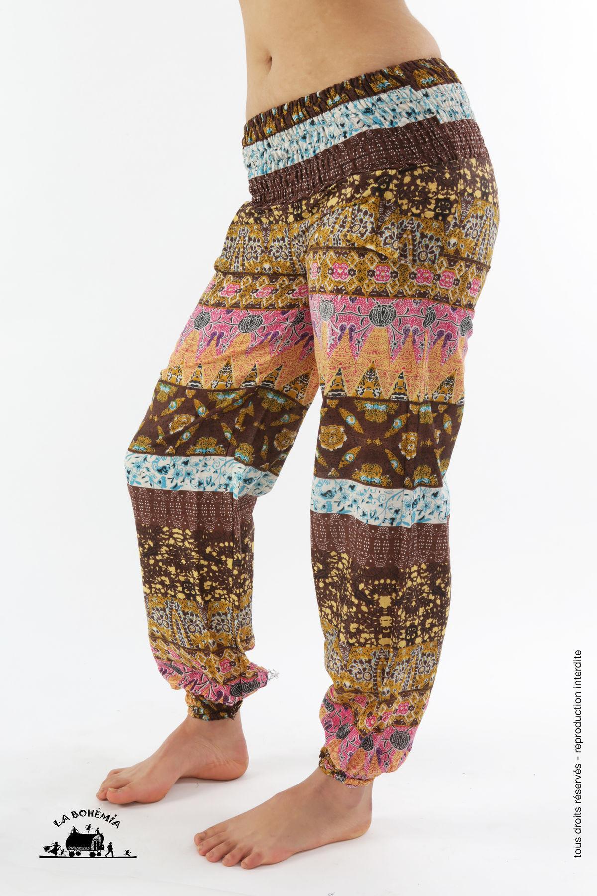 Pantalon ethnique bouffant imprimé marron