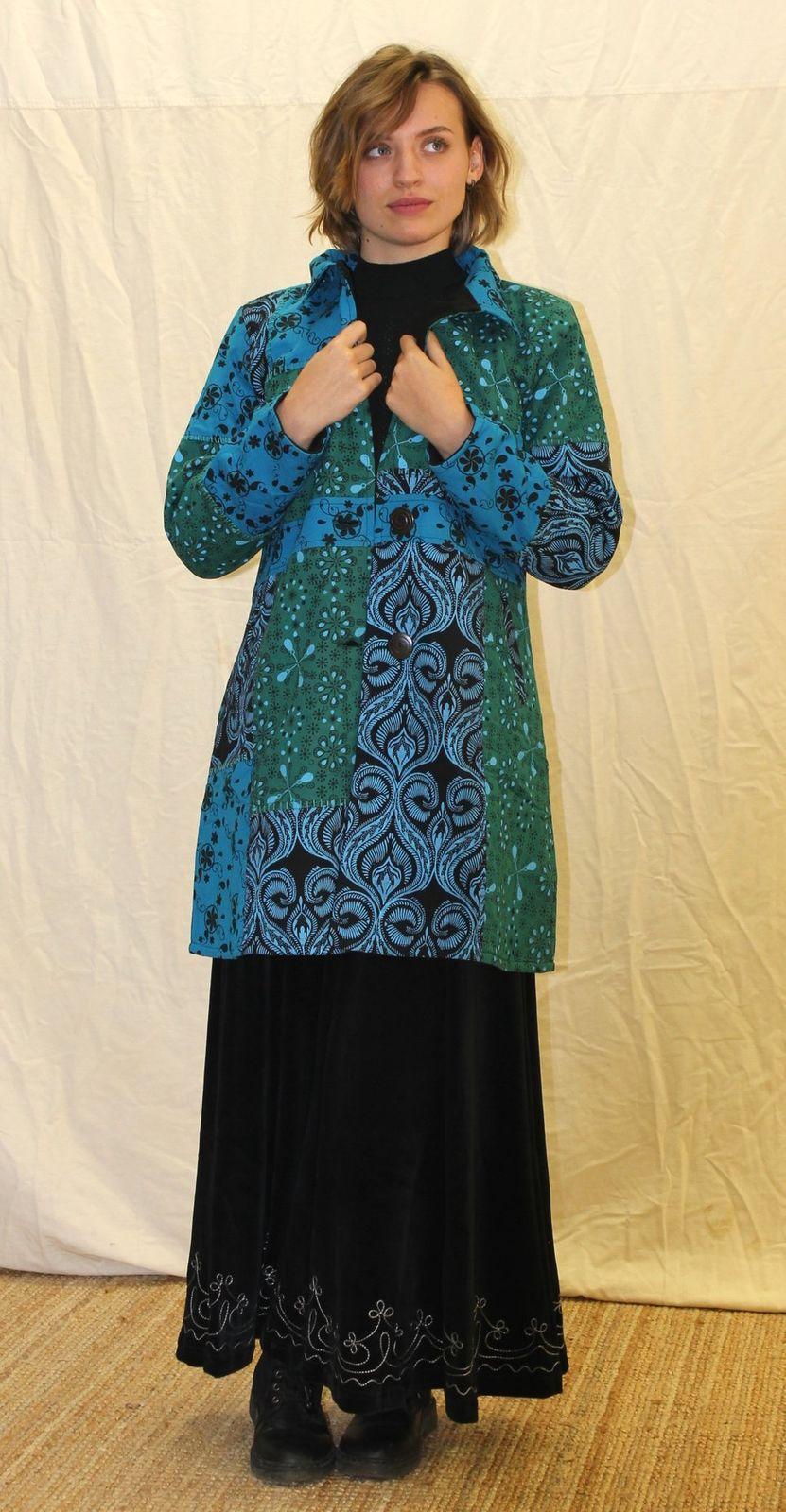 Manteau patchwork bleu et vert