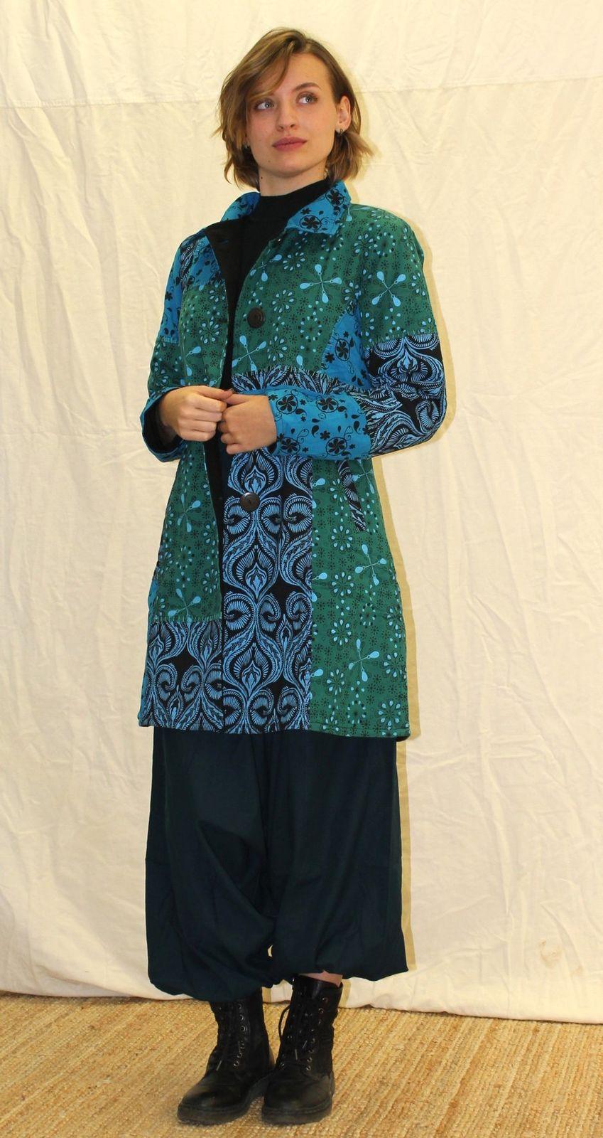 Manteau patchwork bleu et vert