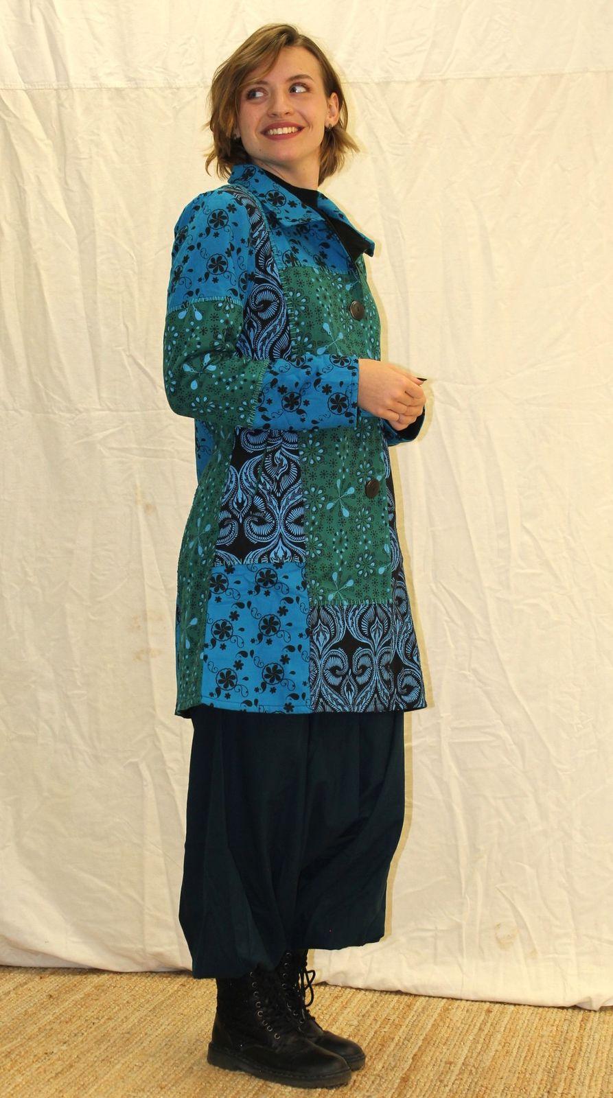 Manteau patchwork bleu et vert