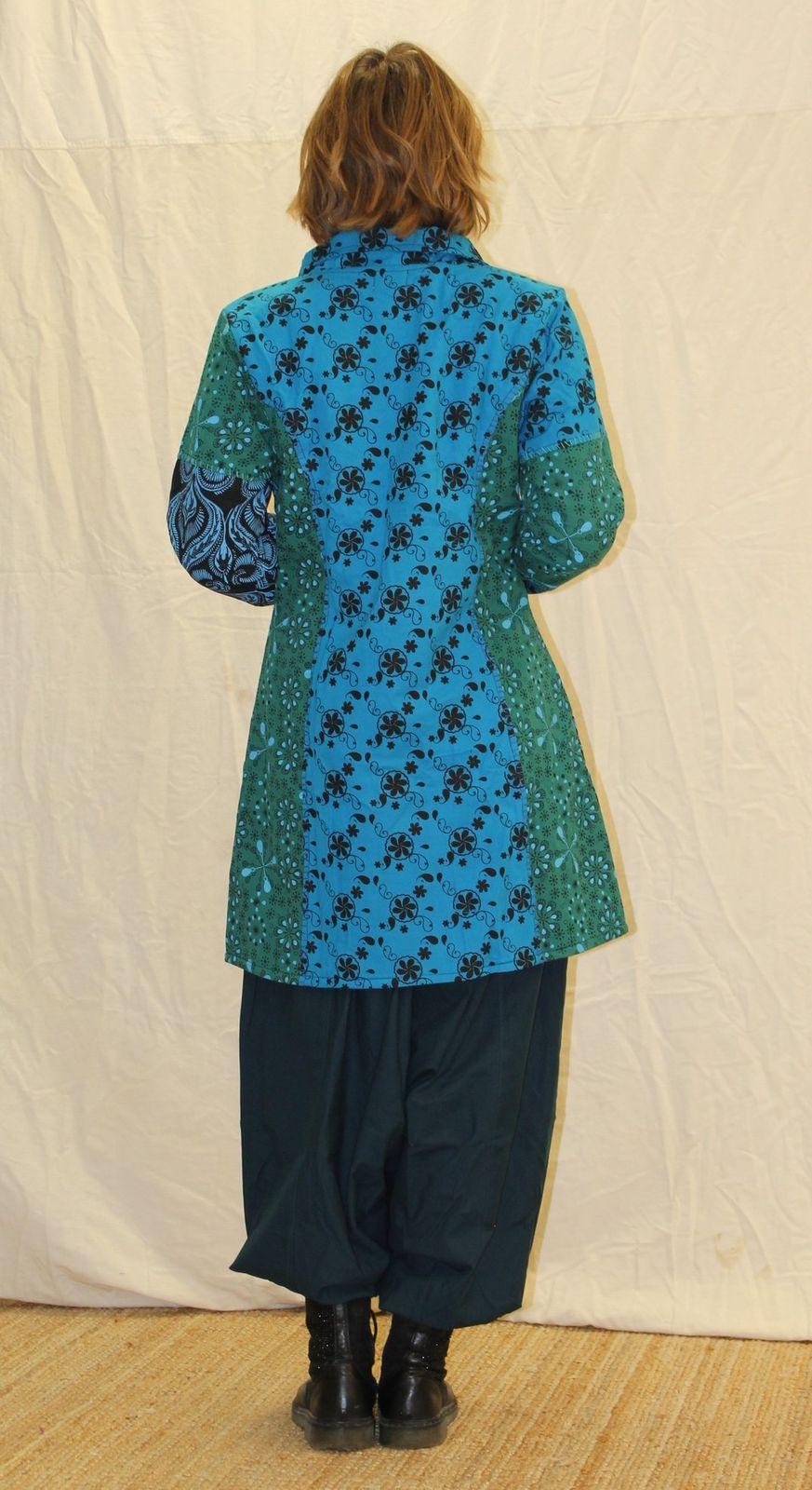 Manteau patchwork bleu et vert