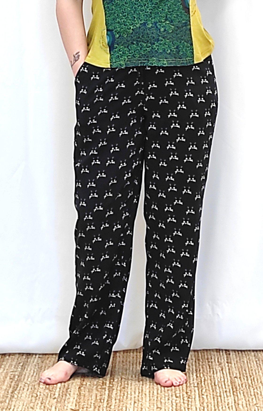 Pantalon droit noir motifs chat en viscose